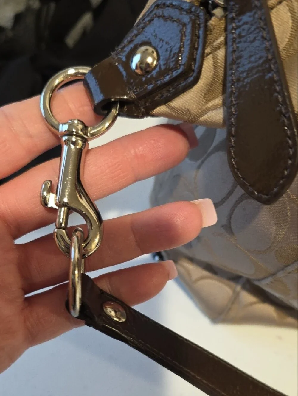 Coach Tan Signature Satchel with Dark Brown Patent Trim